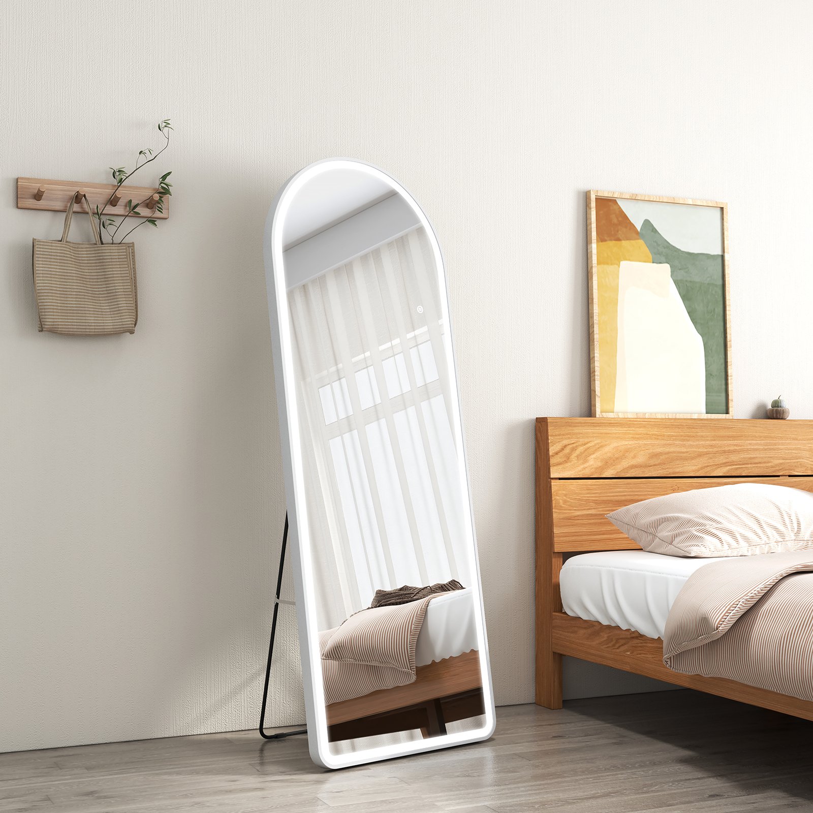 EMKE lustro stojące 160x60cm lustro na całej długości biała rama z oświetleniem LED lustro w 3 kolorach z funkcją ściemniania światła zakrzywione lustro toaletowe
