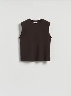 Reserved - T-shirt z poduszkami na ramionach - ciemnobrązowy - Koszulki i topy damskie - miniaturka - grafika 1