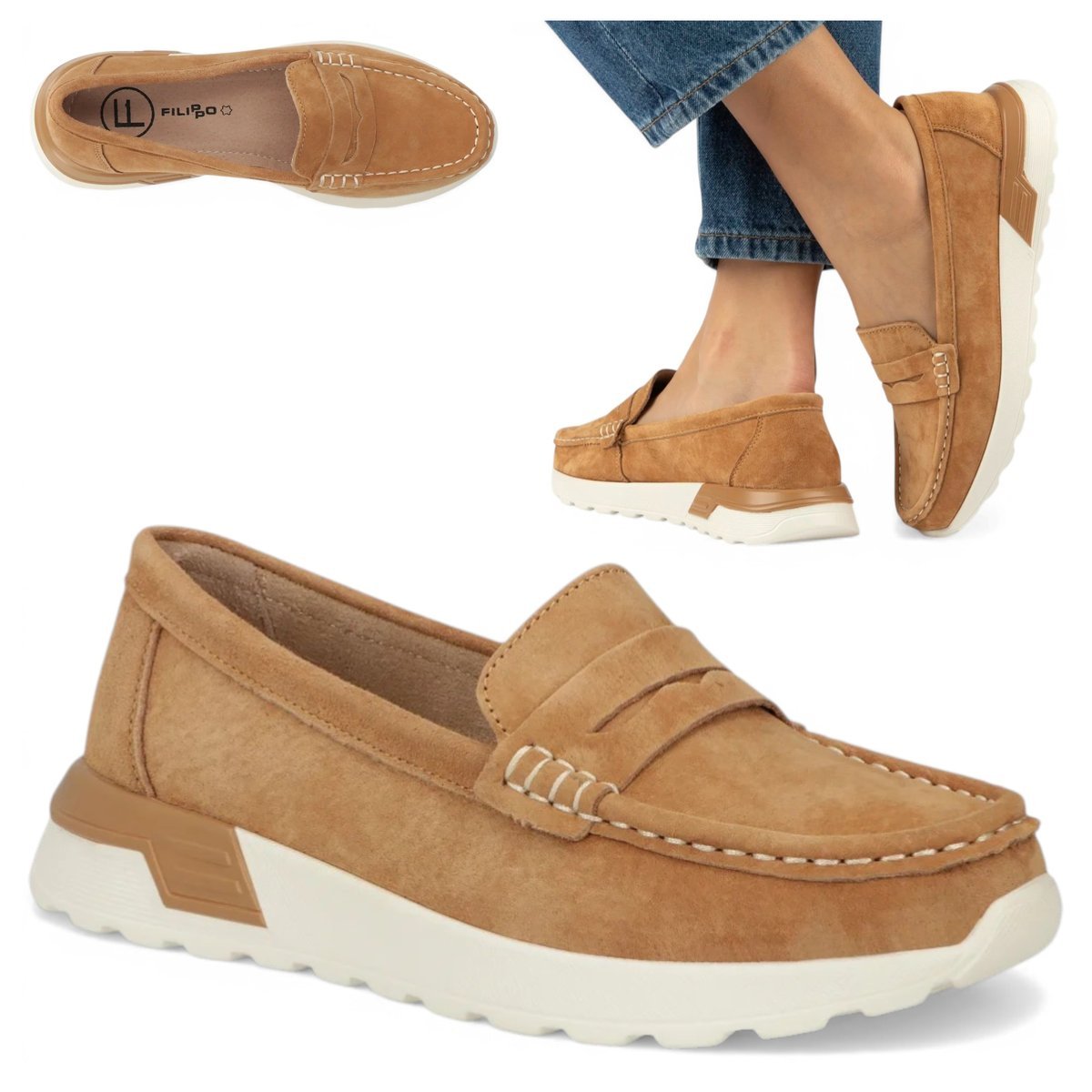 Mokasyny Damskie SKÓRZANE FILIPPO Zamszowe Półbuty Rudy na Platformie 40