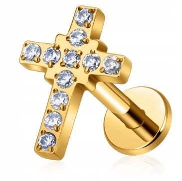 Tytanowy Kolczyk Labret PIERCING Cyrkonie KRZYŻ KRZYŻYK HELIX Lobe 1,2/8