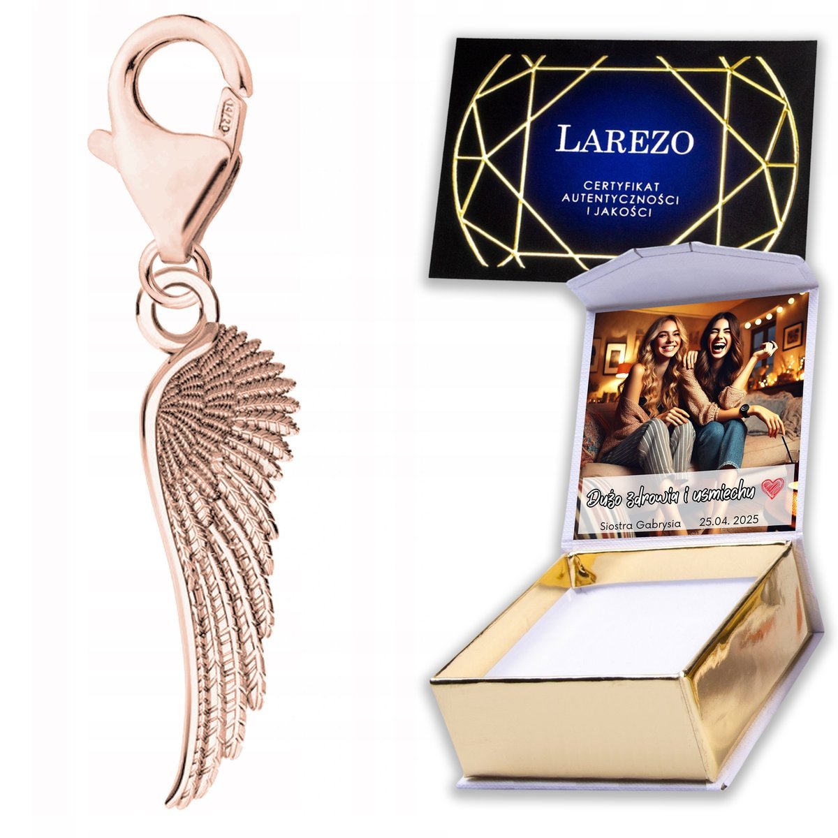 Zawieszka Pozłacana 925 ze Skrzydłem Skrzydło Anioła Anioł Stróż NADRUK