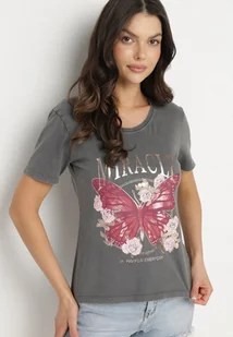 Ciemnoszary Bawełniany T-shirt z Metalicznym Napisem i Motylem Zarevalia - Koszulki i topy damskie - miniaturka - grafika 1