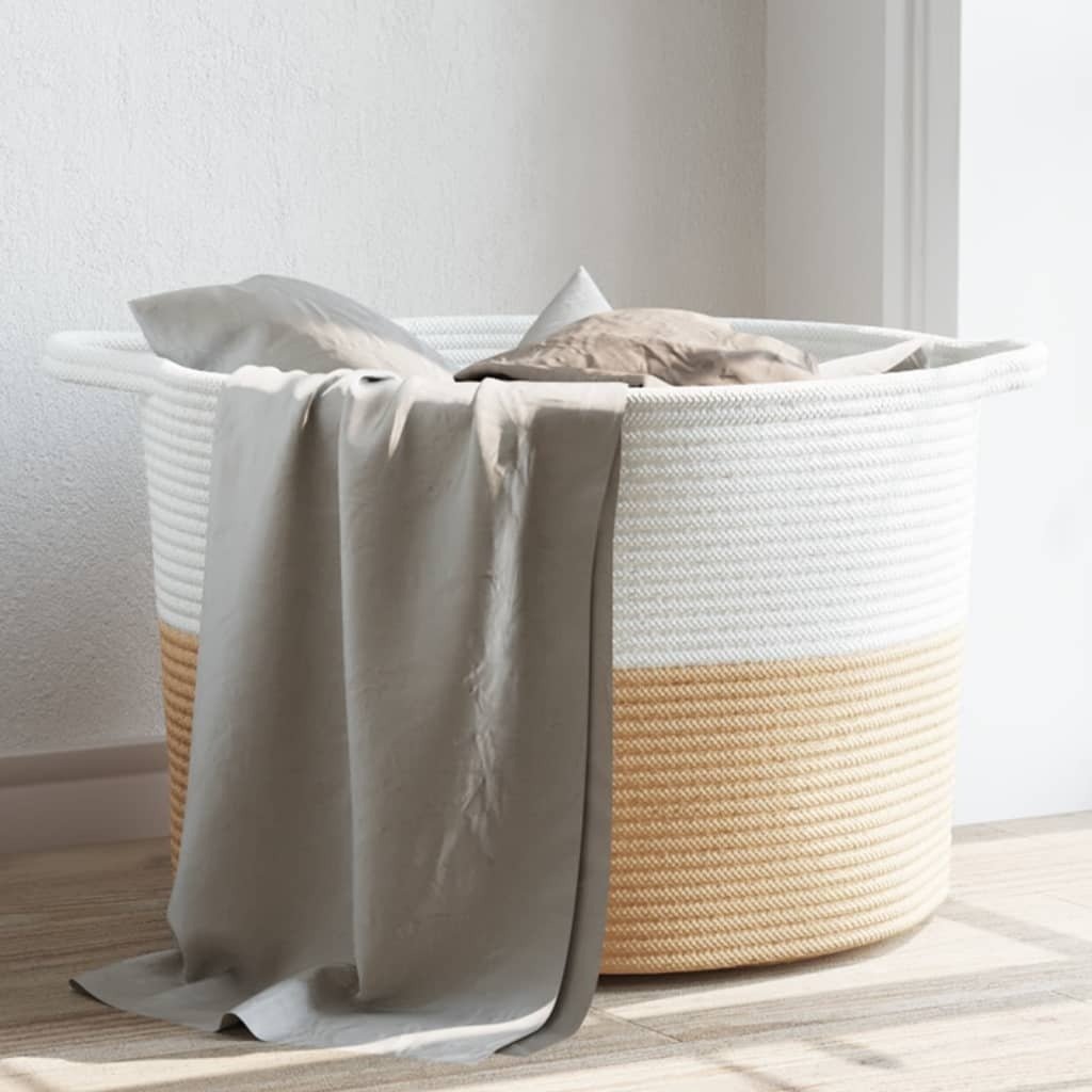 vidaXL Kosz na pranie beżowo-biały Ø55x36 cm Bawełna