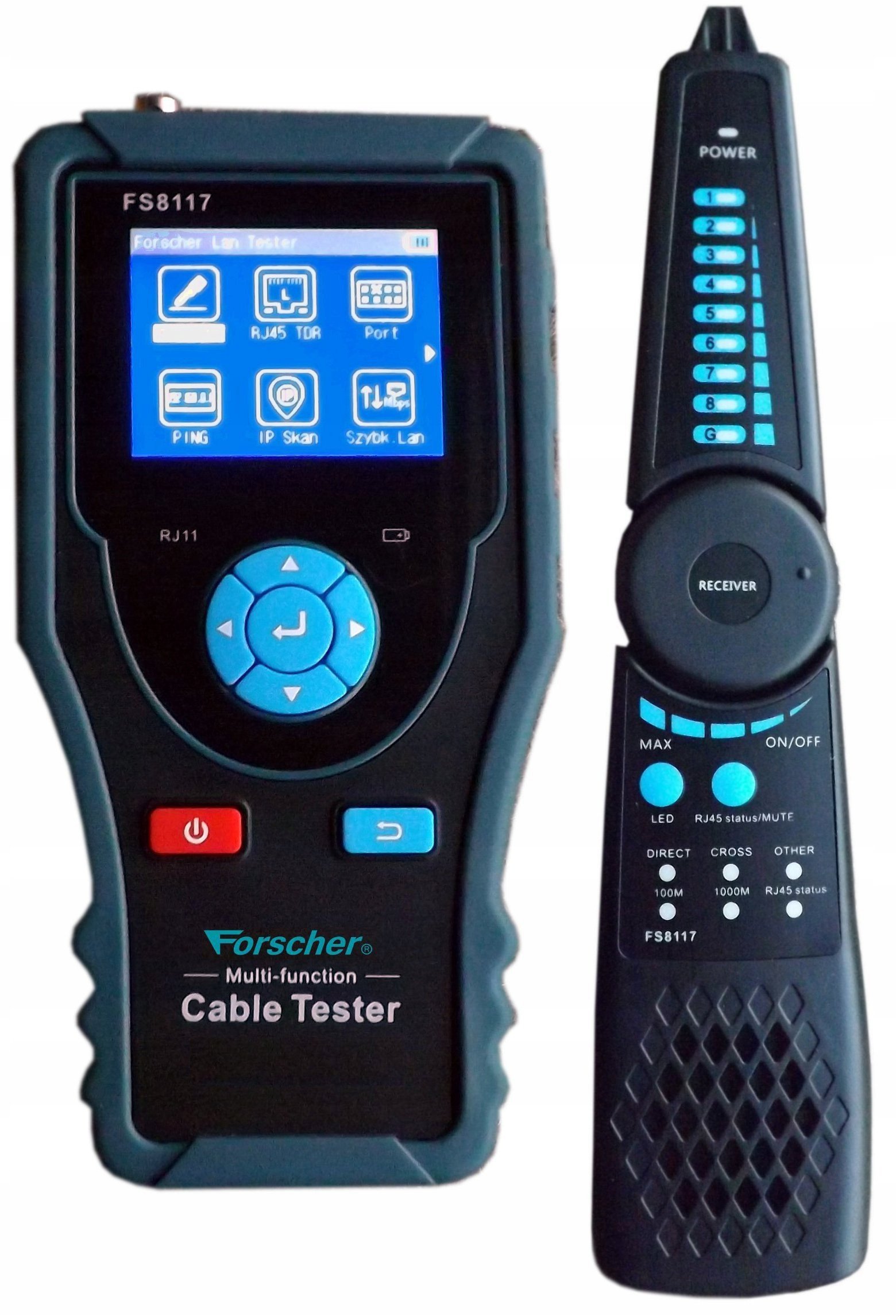 Tester kabli sieciowych RJ45 PREMIUM + 8 terminatorów z funkcją Lokalizatora Par, pomiaru PoE i długości przewodu FORSCHER FS811
