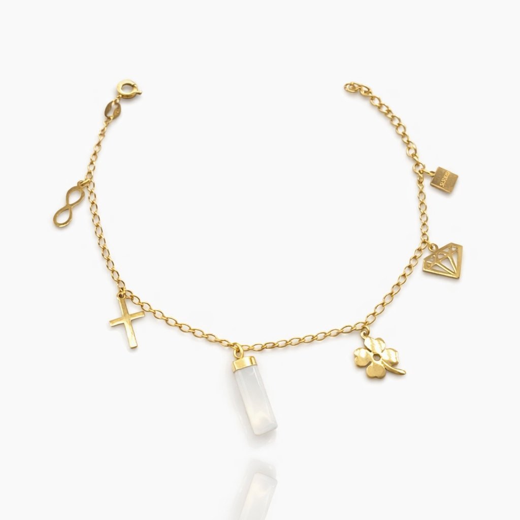 Bransoletka Faith Charm Kryształ Górski Krzyżyk Koniczyna Diament Nieskonczonosc Stal 316L Antyalergiczna Prezent