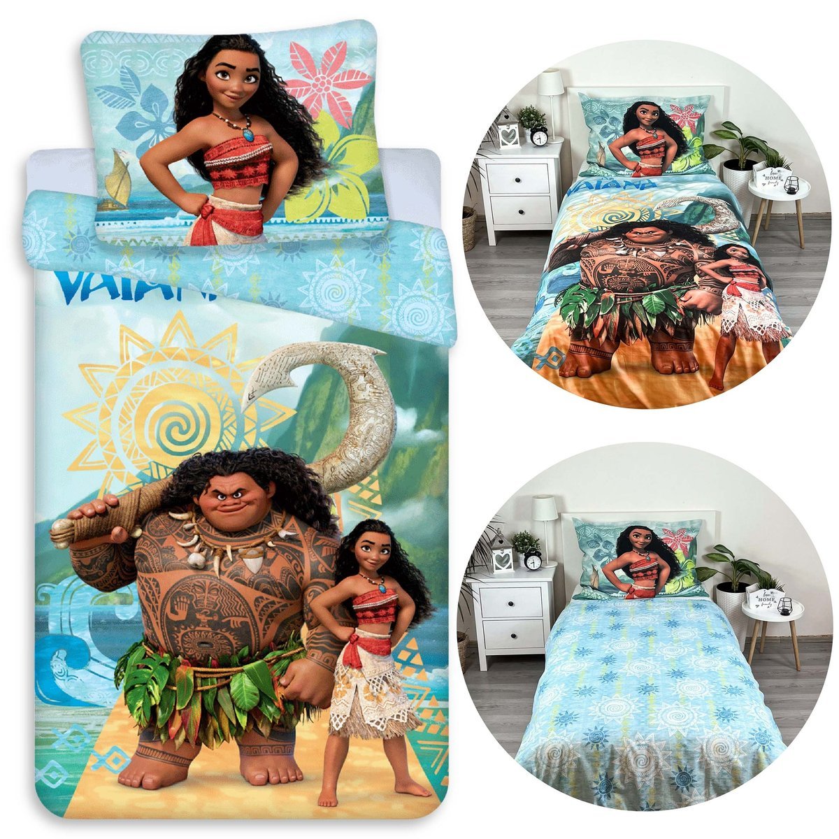 DISNEY Vaiana DWUSTRONNA, bawełniana pościel dziecięca na zamek, 100% BAWEŁNA 140x200cm+70x90cm OEKO-TEX