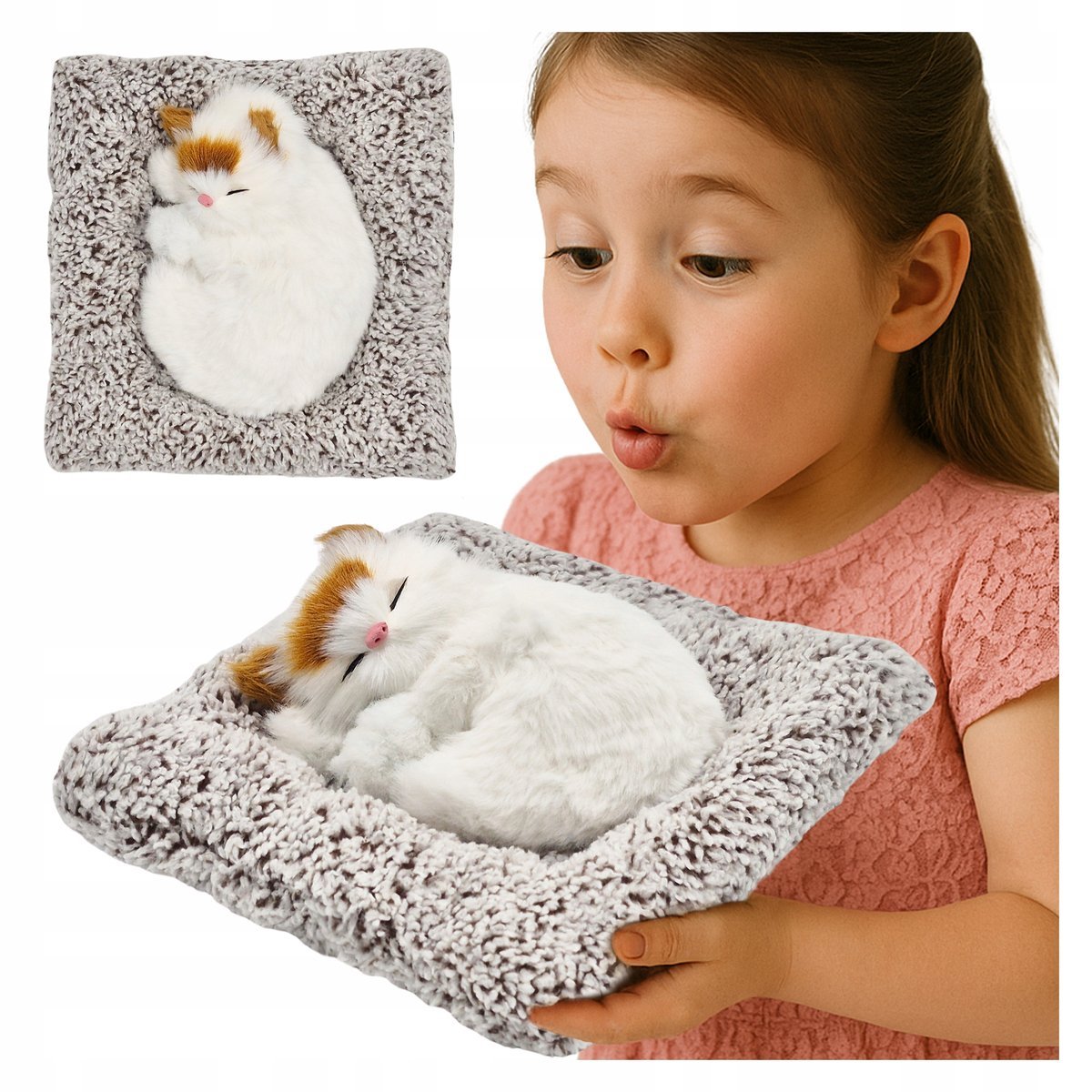 BIAŁY KOTEK śpiący na KOCYKU REALISTYCZNY maskotka JAK ŻYWY DŹWIĘK figurka