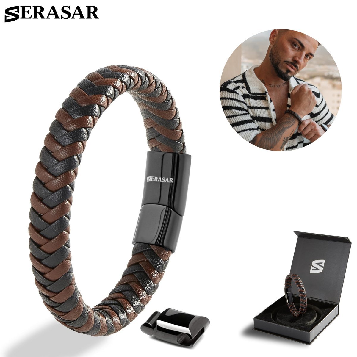 SERASAR, Męska skórzana bransoletka „Steady” Brązowa 20m, Idealny pomysł na prezent dla Niego, Modna opaska na nadgarstek ze stalowym zapięciem