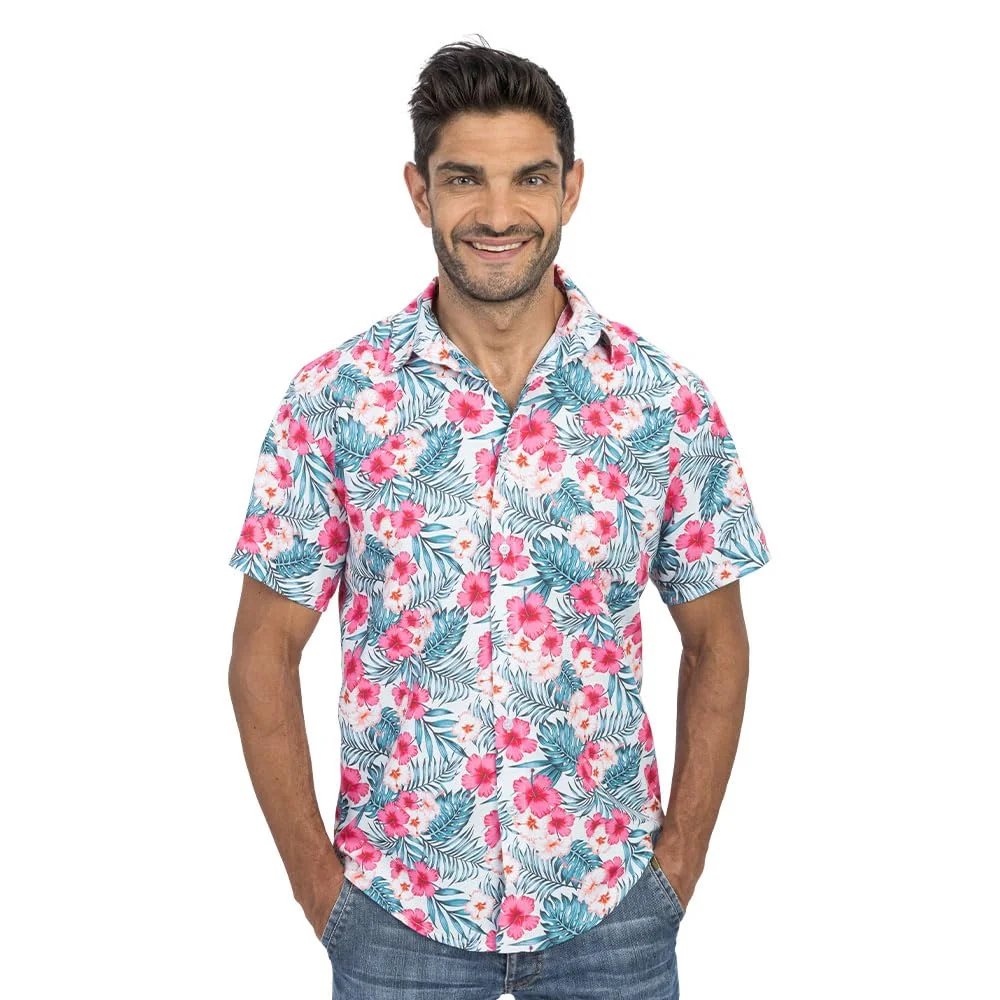 Chaks – hawajska koszula męska z hibiskusem w jasnoróżowym kolorze, letnia koszula z krótkim rękawem na imprezy, festiwale, wakacje i plażę