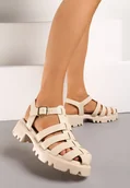 Sandały damskie - Beżowe Sandały na Grubej Podeszwei z Wycięciami Zapinane na Sprzączkę Rivepa - miniaturka - grafika 1