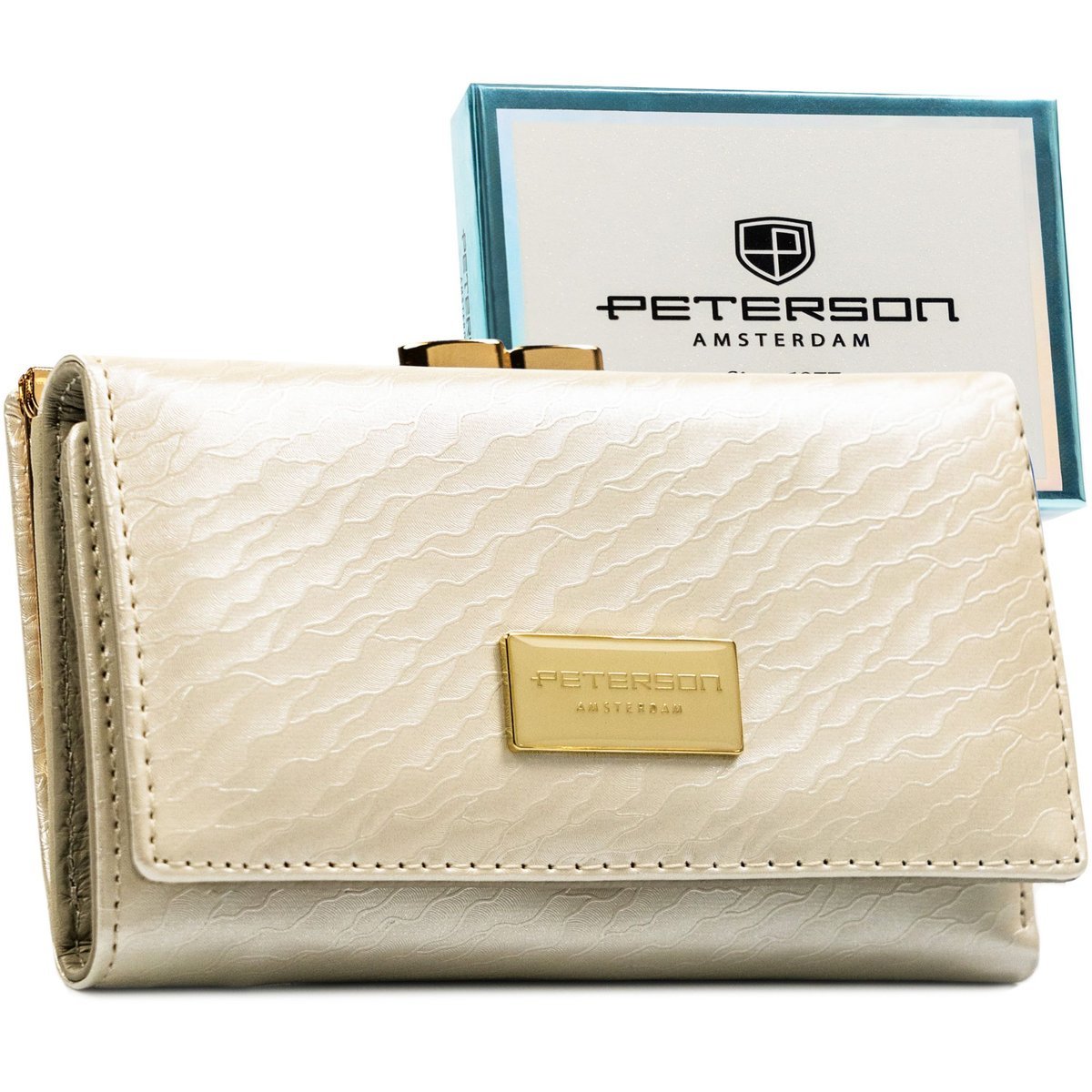 Beżowy portfel damski skórzany ozdobne zapięcie PETERSON zatrzask i bigiel rozbudowany na karty rfid stop