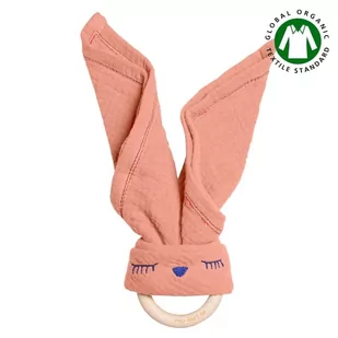 Hi Little One - Przytulanka Z Organicznej Bio Bawełny Gots Z Gryzakiem Sleepy Bunny Cozy Muslin With Wood Teether 2In1 Salmon - Chusty do noszenia dzieci - miniaturka - grafika 1