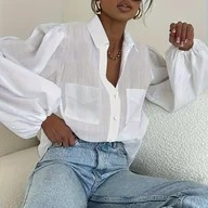 Koszule damskie - TEMU Damska Elegancka Koszula z Długim Rękawem z Szyfonu z Guzikami z Tkaniny, Podwójna Kieszeń z Przodu, Jednokolorowa, Nieelastyczna, - miniaturka - grafika 1