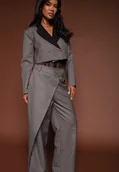 Komplety damskie - Szary Komplet Garniturowy z Krótką Marynarką i Asymetrycznymi Spodniami Remilena - miniaturka - grafika 1