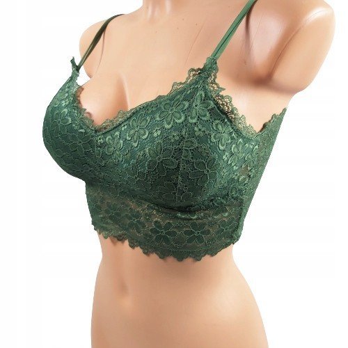 Bralet Koronkowy Biustonosz Crop Top Z Wkładkami Zielony