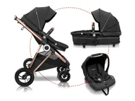 Wózki dziecięce - BabyGO Wózek 3w1 Buggy «Halime AIR Pram », z gondolą, spacerówką i fotelikiem samochodowym (Złoty czarny) - miniaturka - grafika 1