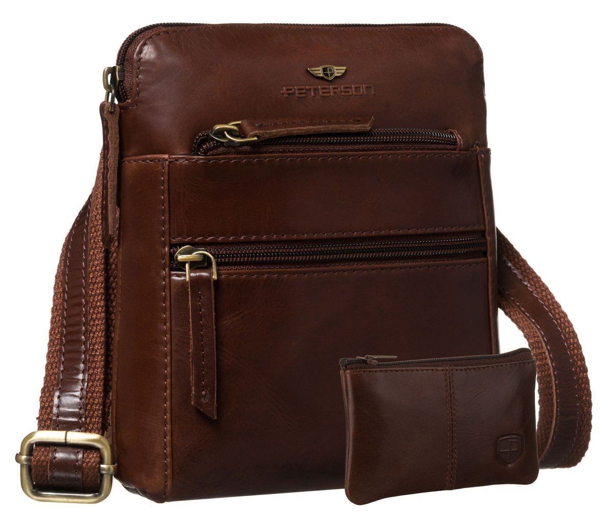 Mała torebka męska skórzana PETERSON elegancka minimalistyczna listonoszka na suwak saszetka na ramię kieszonki na dokumenty telefon brązowa modna +..