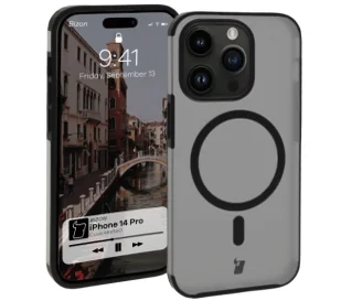 Bizon Etui z pierścieniem magnetycznym Case MatteO do iPhone 14 Pro, półprzezroczyste z czarną ramką - Etui i futerały do telefonów - miniaturka - grafika 1