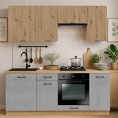 Meble kuchenne - Zestaw Mebli Kuchennych MODERN 200 cm Dąb Artisan/Szary Połysk Ryflowany Nowoczesny - miniaturka - grafika 1