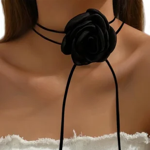 Naszyjnik CHOKER ozdobny KWIAT na szyję róża na rzemyku elegancki czarny - Naszyjniki - miniaturka - grafika 1