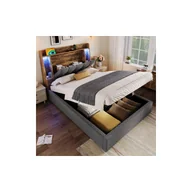 Łóżka - Łóżko tapicerowane 90x200 cm, łóżko pojedyncze z oświetleniem LED i portem USB typu C, len, kolor szary - miniaturka - grafika 1