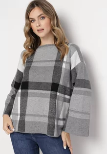Swetry damskie - Szary Klasyczny Sweter w Kratkę z Długimi Luźnymi Rękawami Rafina - grafika 1