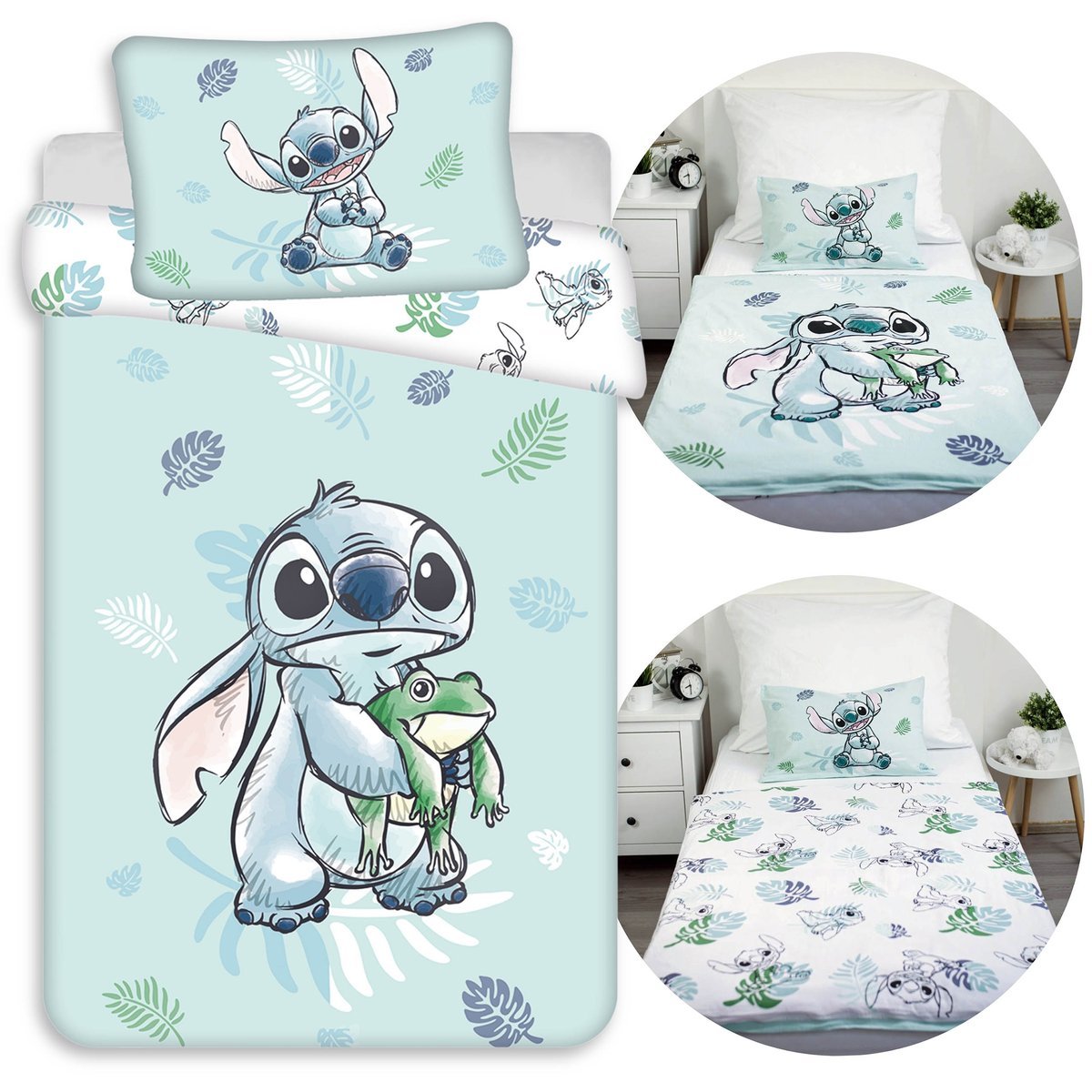 DISNEY Lilo i Stitch Niebiesko-biała, DWUSTRONNA, bawełniana pościel dziecięca na zamek, 100% BAWEŁNA 100x135cm+40x60cm OEKO-TEX