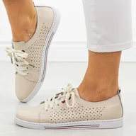 Półbuty damskie - Beżowe ażurowe skórzane półbuty, tenisówki damskie S.Barski 587 - S.BARSKI - miniaturka - grafika 1