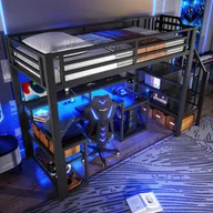 Łóżka dla dzieci i młodzieży - Łóżko na antresoli 90x200 cm - z drabiną bezpieczeństwa - z taśmą LED + biurkiem - z portem USB - czarny (materac nie jest wliczony w cenę) - miniaturka - grafika 1