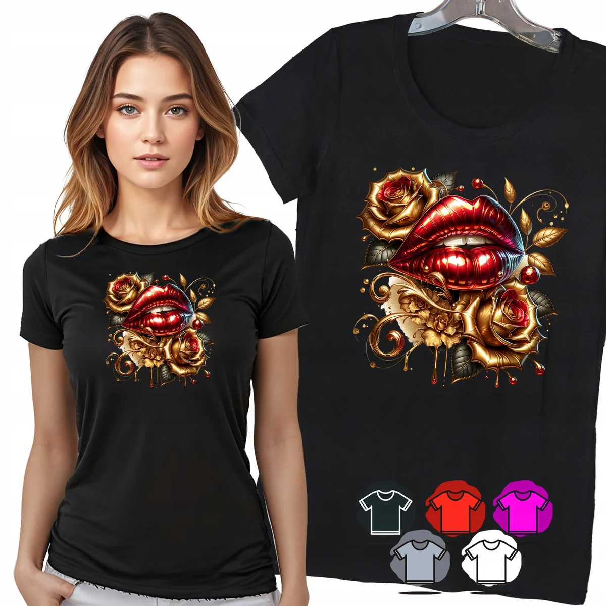 KOSZULKA DAMSKA T-SHIRT - ZŁOTE USTA RÓŻE ELEGANCKI DAMSKI WZÓR MODA - XXL