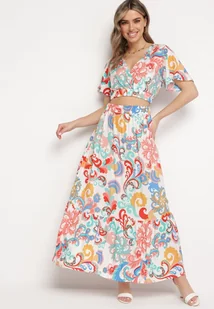 Biało-Niebieski Komplet Krótka Bluzka z Kopertowym Dekoltem Spódnica z Gumką w Pasie Binesta - Komplety damskie - miniaturka - grafika 1