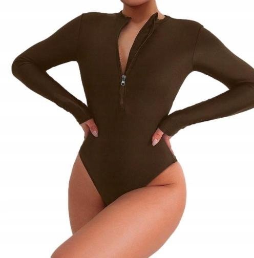 Damski Jednoczęściowy Strój Kąpielowy Sportowy Brązowy Długi Rękaw Zamek L