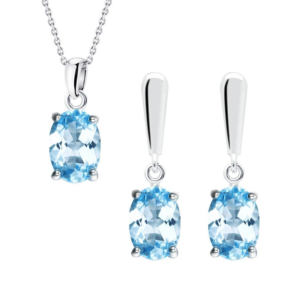 Komplet z niebieskimi topazami owalnymi srebrny - kolczyki z zawieszką