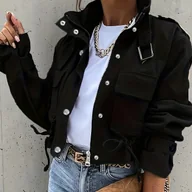 Kurtki damskie - TEMU Damska kurtka robocza casual z stójką i sznurkiem w pasie - Blazer z wieloma kieszeniami zapinany na guziki, uniwersalna odzież wierzchnia w - miniaturka - grafika 1