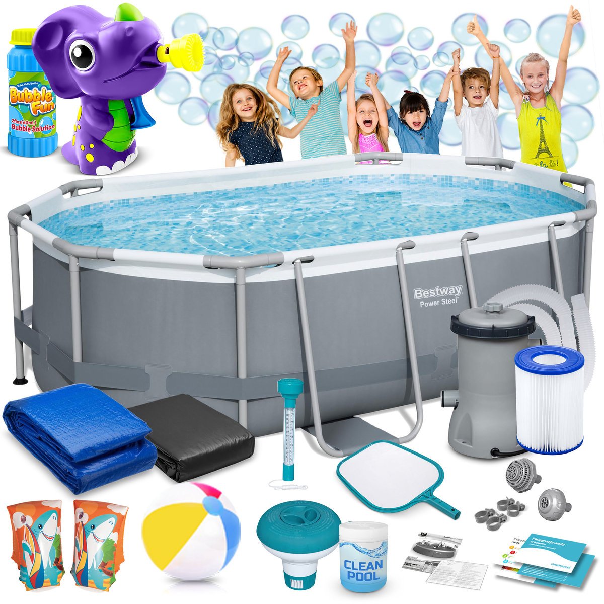 Bestway Basen ogrodowy stelażowy 305 x 200 x 84 cm 17w1 5614A + maszynka do baniek GRATIS