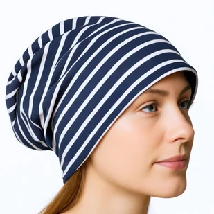 Czapka damska Beanie włoska cienka smerfetka granatowa w białe paski - Czapki damskie - miniaturka - grafika 1