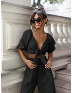 Komplety damskie - WP modny komplet top wiązany z różami i spodnie - czarny - miniaturka - grafika 1