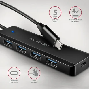 Hub aktywny Axagon HUE-C1C USB-C 3.2 Gen1 do 4x USB-A 3.2 Gen + 1xUSB-C do ładowania czarny - Huby USB - miniaturka - grafika 1