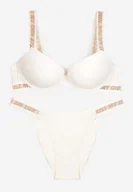 Komplety bielizny - Jasnobeżowy Komplet Biustonosz Push-Up i Wycięte Majtki Figi Ozdobione Napisami Bralara - miniaturka - grafika 1