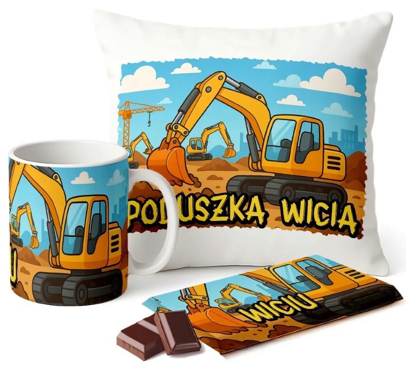 Zestaw Kubek Poduszka Czekolada z Imieniem Koparka Prezent Budowlany