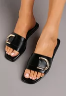 Klapki i japonki damskie - Czarne Klasyczne Płaskie Klapki z Metalową Klamrą Lemoria - miniaturka - grafika 1