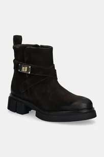 Tommy Hilfiger botki zamszowe BIKER BRUSHED SUEDE damskie kolor brązowy na płaskim obcasie FW0FW08454 - Botki damskie - miniaturka - grafika 1