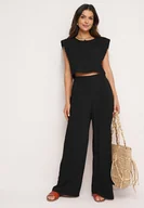 Komplety damskie - Czarny Wiskozowy Komplet Bluzka na Guzik z Usztywnianymi Ramionami i Szerokie Spodnie Vimalettes - miniaturka - grafika 1