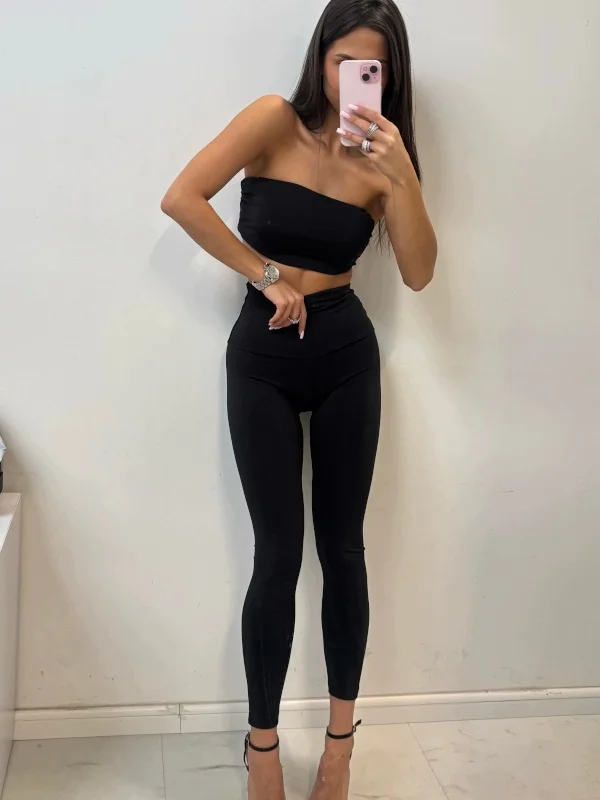 [r. M] Legginsy damskie z wysokim stanem i wysoką gumą czarne EMO