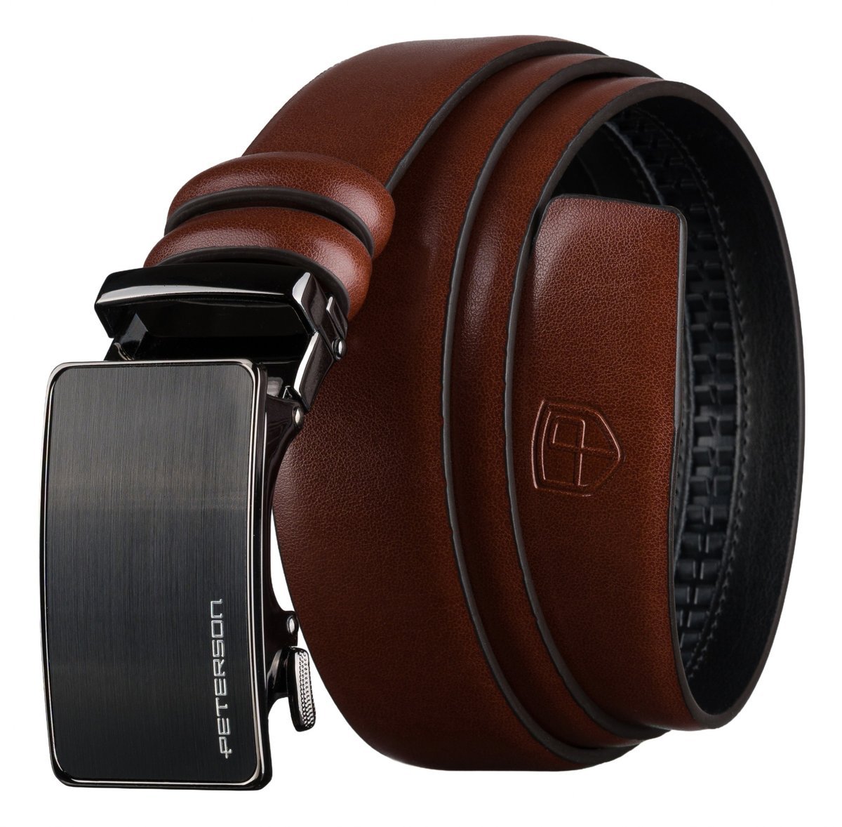 Pasek męski z automatyczną klamrą PETERSON skórzany elegancki czarna klamra modny brązowy