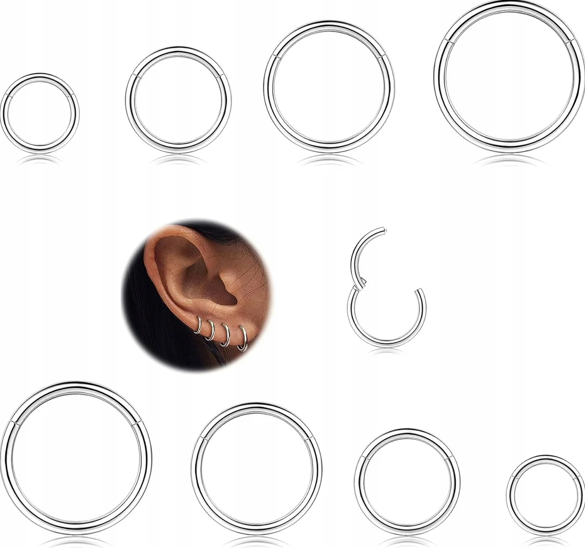 KOLCZYKI 8 SZTUK 16G ZE STALI CHIRURGICZNEJ PIERCING OKRĄGŁY SEGMENT