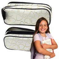 Piórniki - Piórnik Szkolny Biurowy Dwukomorowy Złote Serca Biały 23,5x10 cm - miniaturka - grafika 1