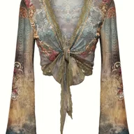 Bluzki damskie - TEMU Elegancka Bluzka z Długim Rękawem w Nadruk dla Kobiet, Koszula w Stylu Y2K, Oddychający Top Plażowy z Siatki, Na Każdą Porę Roku, Kardigan z - miniaturka - grafika 1