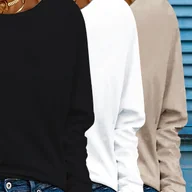 Bluzki damskie - TEMU Zestaw 3 Damskich Koszulek z Długim Rękawem i Okrągłym Dekoltem - Miękki Poliester, Jednolity (Czarny, Biały, Beżowy) - Codzienna Odzież na - miniaturka - grafika 1