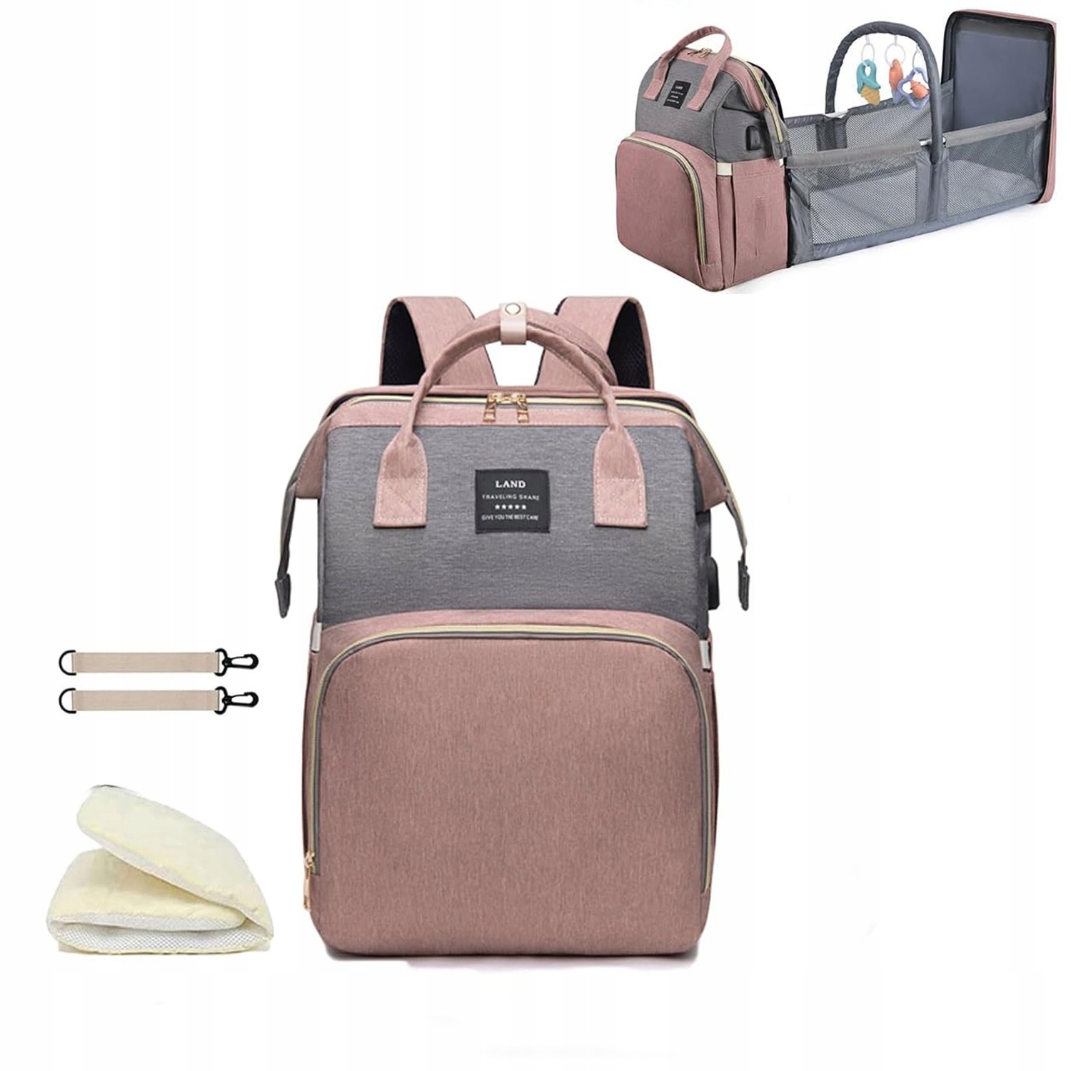 Plecak Dla Mamy Torba Organizer Przewijak Usb Ładowanie szaro-różowy